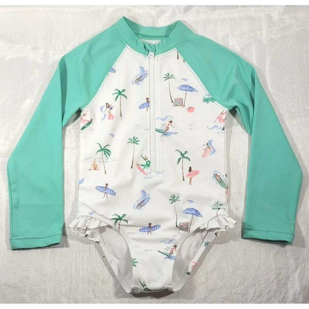 Janie & Jack Baby Long Sleeve Rashguard - Surfing Palm Trees - White/Green - 2T